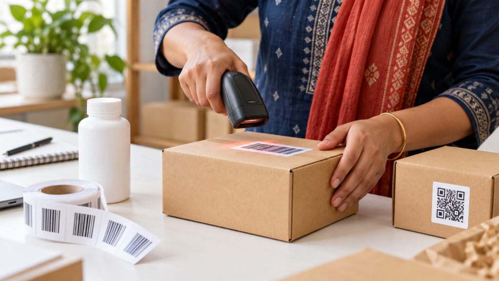 Illustrative photo of a business owner scanning a barcode on product packaging